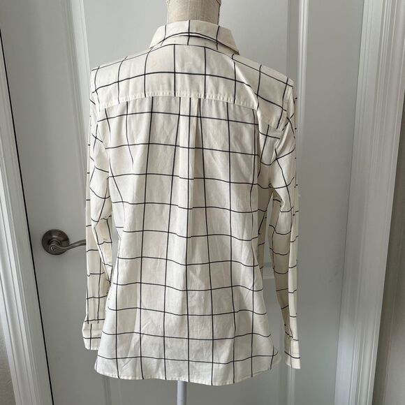 Talbots Petites Ivory and Charcoal Checkered Cotton Button up Blouse MP NWT - Picture 7 of 8